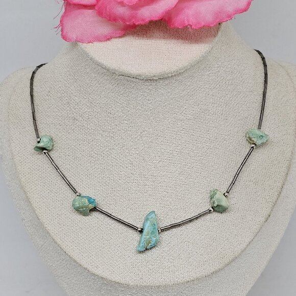 Southwestern Turquoise Nugget Liquid 925 Sterling Silver Necklace Choker 15" - Picture 11 of 11